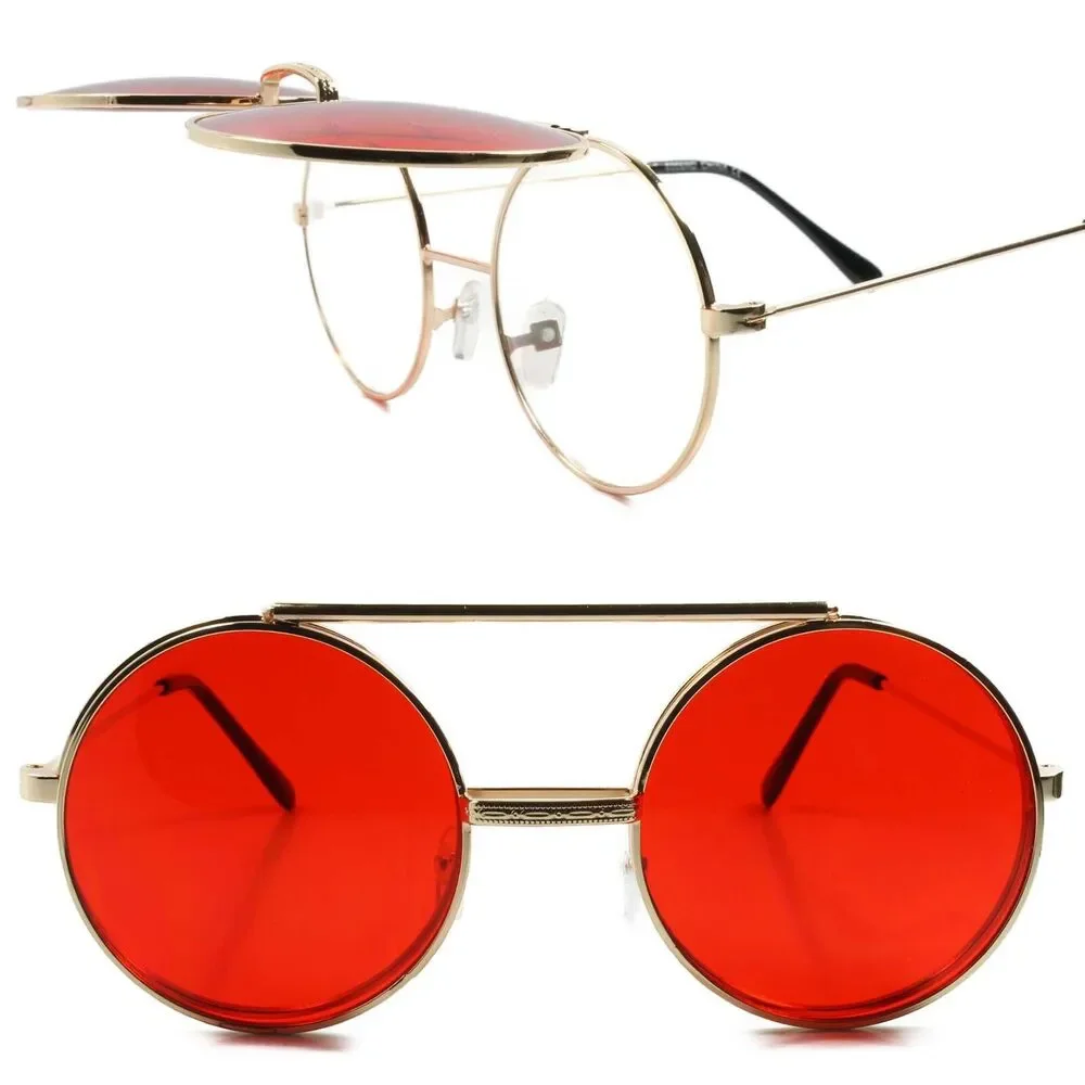 Vintage Retro Funky Steampunk Mens Womens Gold Red Lens Round Circle Sun Glasses